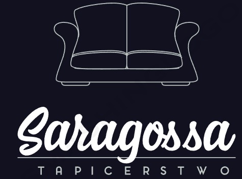 Grafika przedstawia minimalistyczny logotyp firmy Saragossa Tapicerstwo, z konturowym rysunkiem sofy nad nazwą firmy.