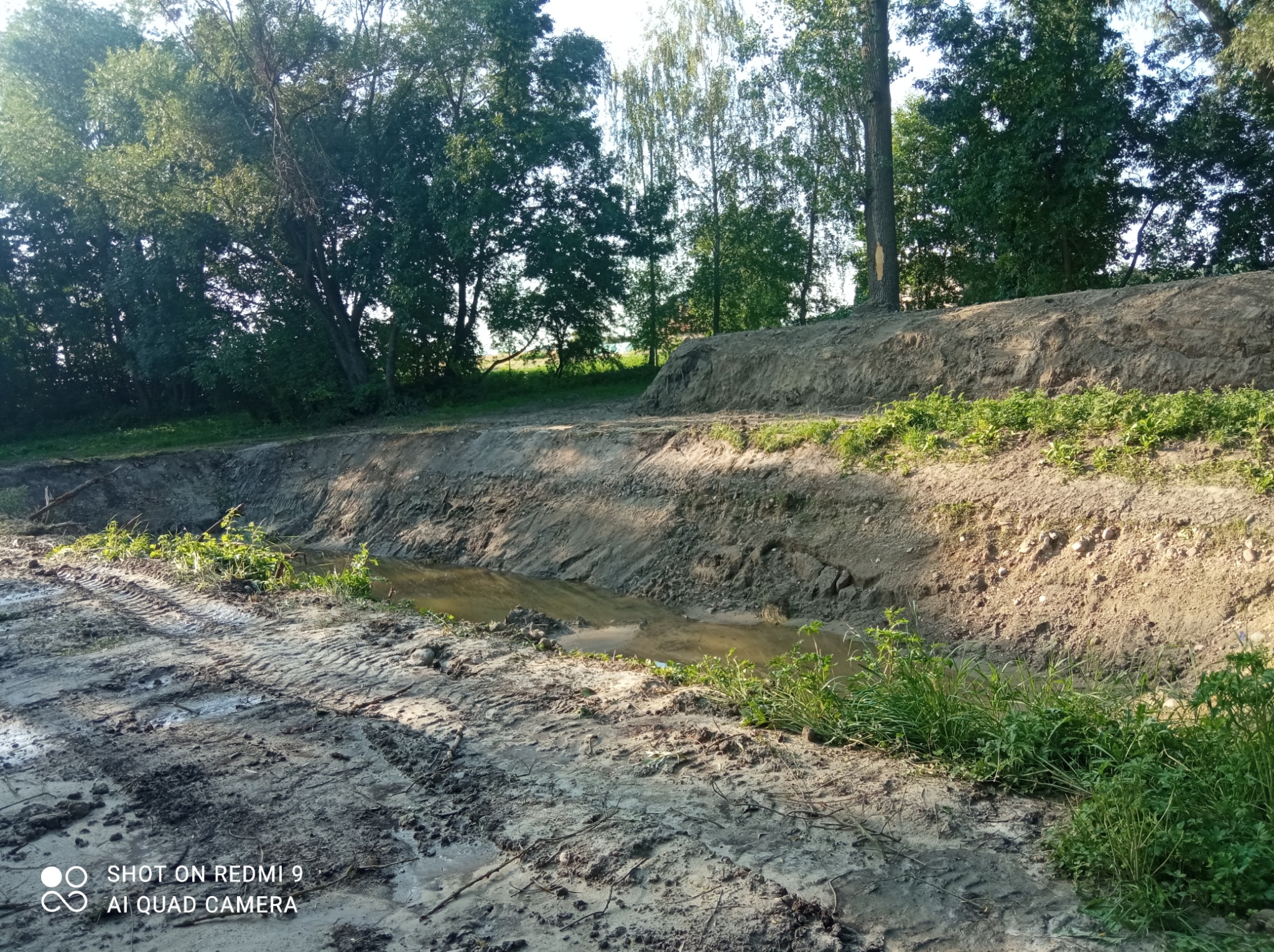Świeżo wykopany rów melioracyjny z wodą na dnie, widoczne ślady opon na błotnistej drodze dojazdowej, w tle drzewa.