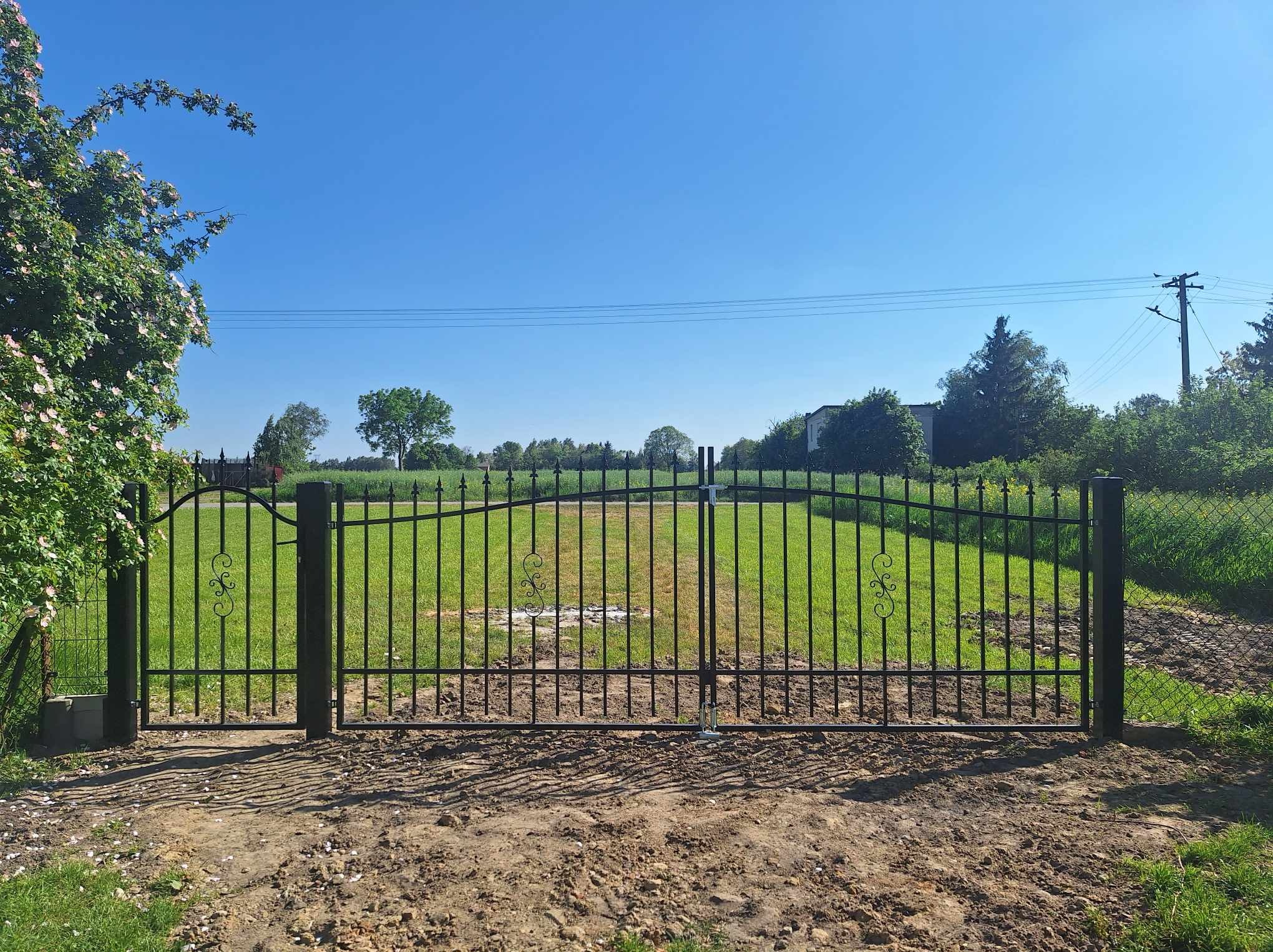 Czarna, metalowa brama dwuskrzydłowa z ozdobnymi elementami, zamontowana na posesji z widokiem na trawnik i zieleń, z kwitnącym krzewem po lewej stronie i słupami energetycznymi w tle.