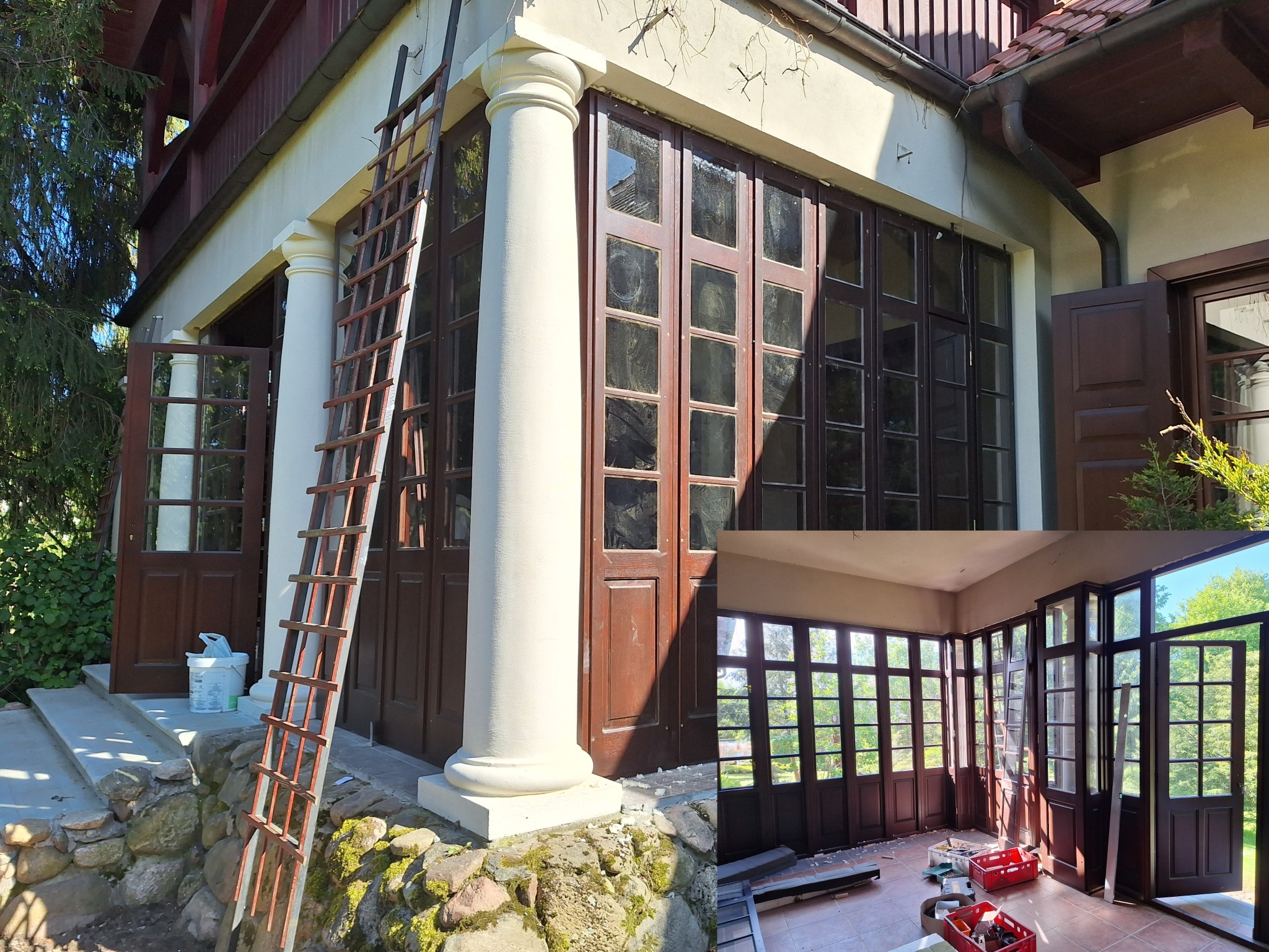 Dom z brązową stolarką okienną i drzwiową w trakcie renowacji, widoczna drabina oparta o kolumnę, wnętrze z licznymi oknami i narzędziami.
