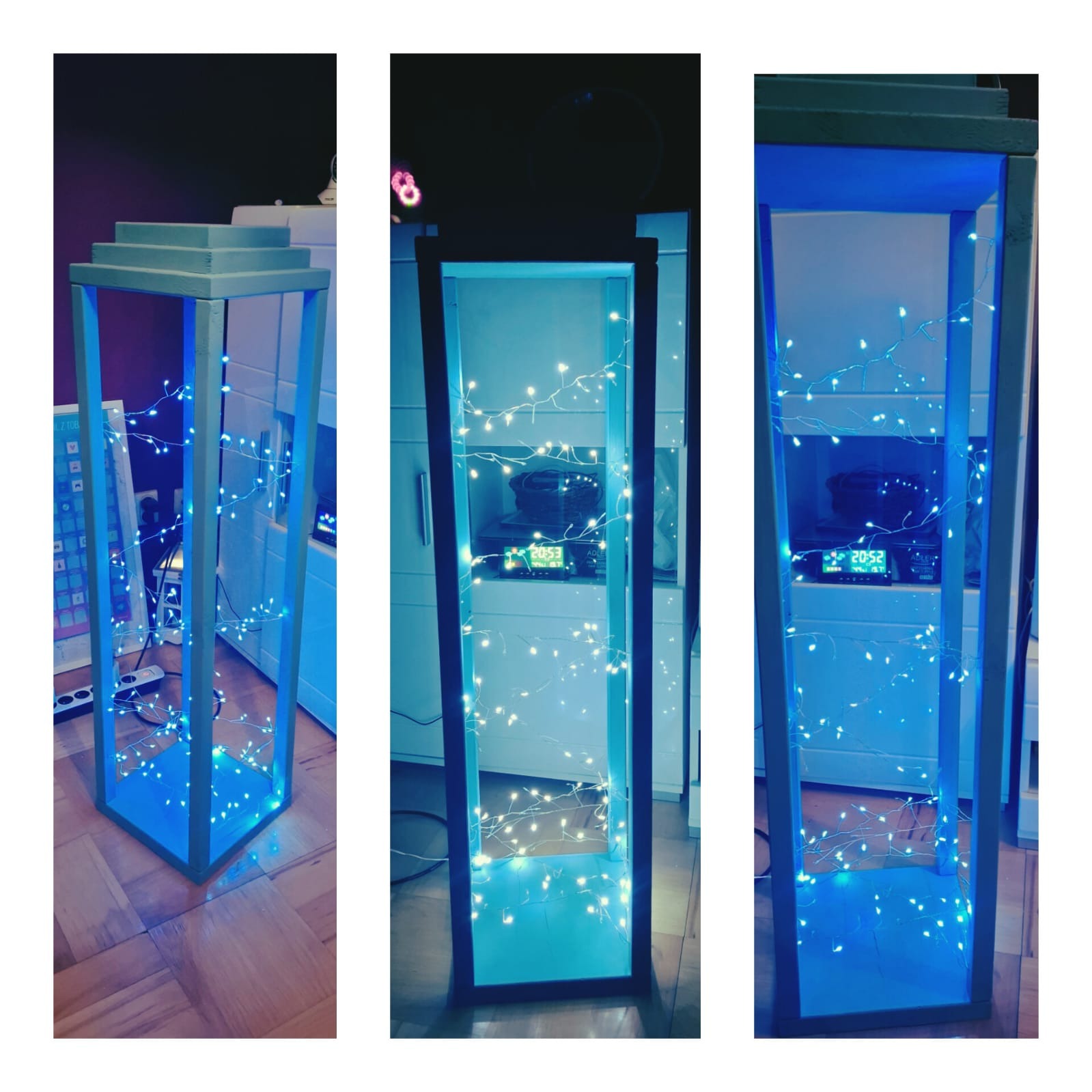 Kreatywna, podświetlana konstrukcja z drewna, przypominająca lampion, wypełniona lampkami, na tle wnętrza mieszkania.