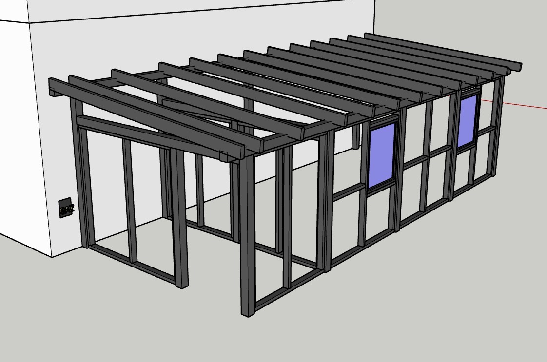 Wizualizacja 3D szarej konstrukcji z belek i okien, prawdopodobnie zadaszenia tarasu lub pergoli, przylegającej do białej ściany budynku. Widok z perspektywy.