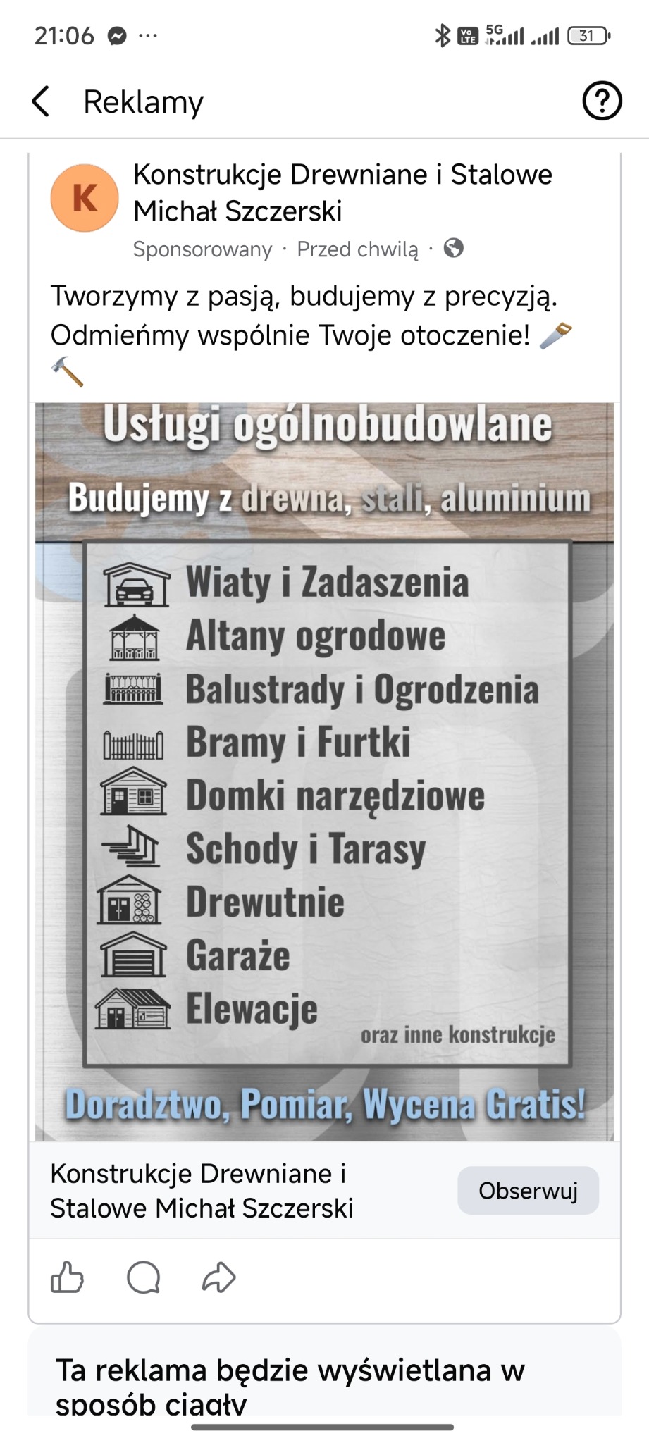 Grafika reklamowa usług ogólnobudowlanych: wiaty, altany, balustrady, bramy, domki narzędziowe, schody, tarasy, drewutnie, garaże, elewacje. Doradztwo, pomiar, wycena gratis.