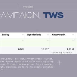 Astral Marketing - Tabela wyników kampanii reklamowej online, prezentująca dane dotyczące zasięgu, wyświetleń, kosztu za wynik i wydanej kwoty, z uwzględnieniem kontaktów na Facebooku oraz podsumowaniem opisowym.
