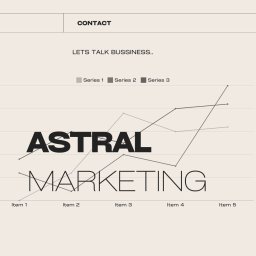 Astral Marketing - Wykres liniowy z trzema seriami danych, nakładający się na nazwę firmy 'Astral Marketing', z nagłówkiem 'Lets Talk Bussiness..' i przyciskiem kontaktu.