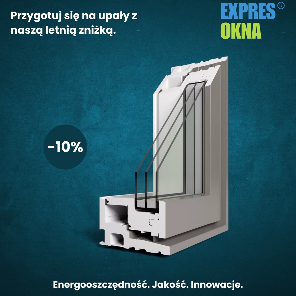 Przekrój okna PCV z trzema szybami, prezentacja energooszczędności i promocji -10% na tle w kolorze morskim, logo Expres Okna w prawym górnym rogu.