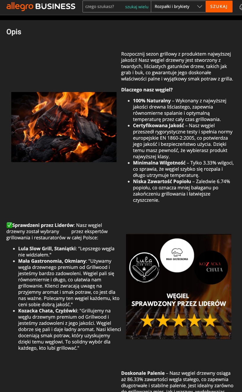 Płonący węgiel drzewny z widocznymi płomieniami i żarem, używany do grillowania, z opisem zalet produktu i rekomendacjami restauracji.