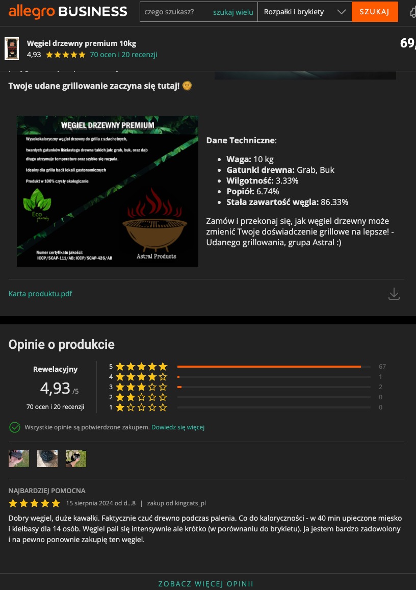 Grafika reklamowa węgla drzewnego premium 10kg, prezentująca jego zalety: wysokokaloryczność, czystość ekologiczną i przydatność do grilla, z danymi technicznymi i logiem Astral Products.