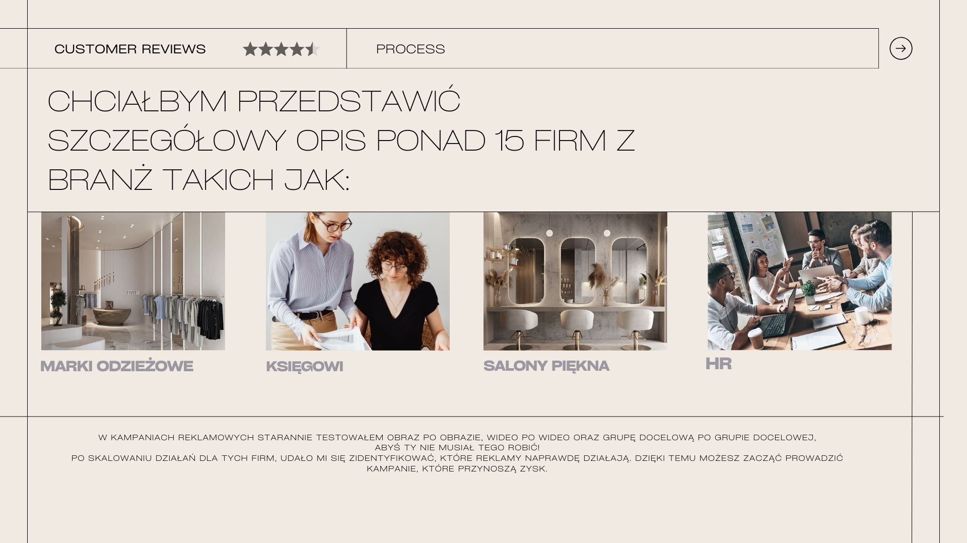 Prezentacja z opisem firm z różnych branż: sklep odzieżowy z minimalistycznym wystrojem, księgowi analizujący dokumenty, wnętrze salonu piękności z trzema stanowiskami i grupa pracowników HR...