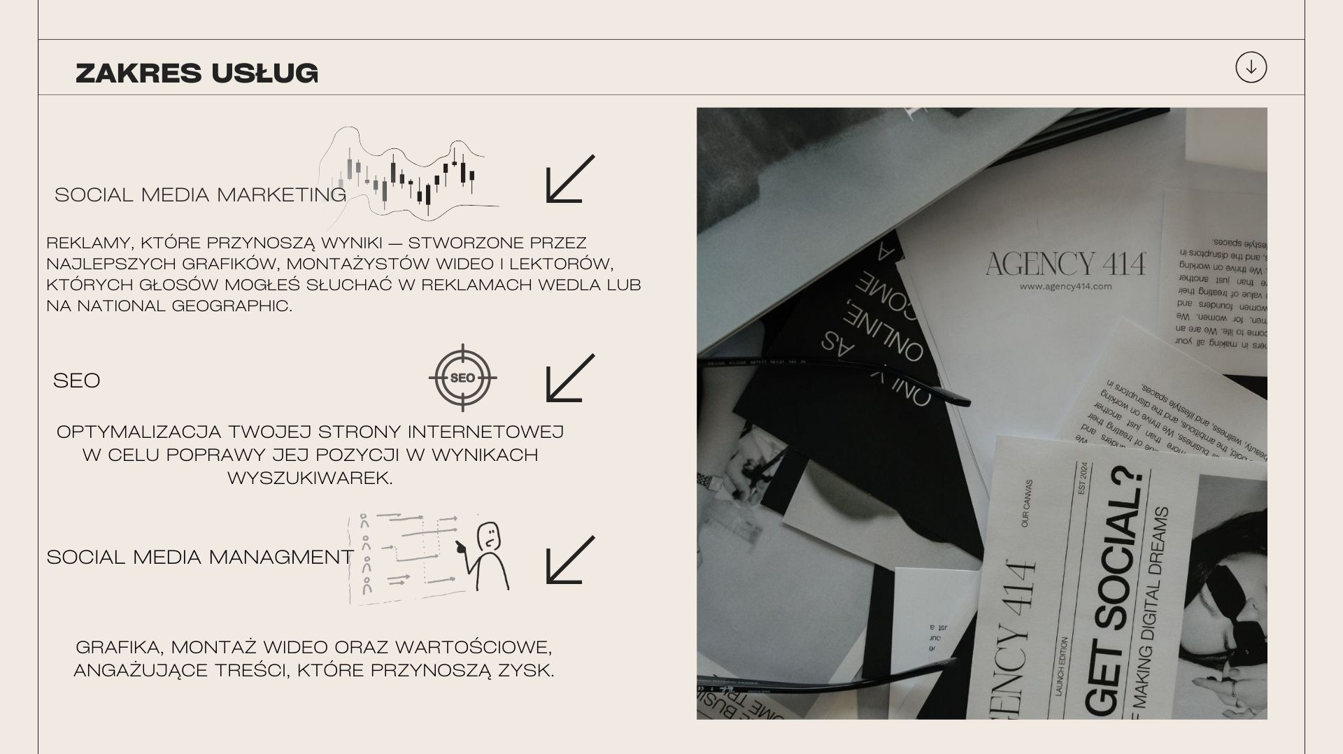 Prezentacja zakresu usług agencji z Bytomia, obejmująca social media marketing, SEO i social media management, z elementami graficznymi i tekstem 'Agency 414' na tle dokumentów i okularów.