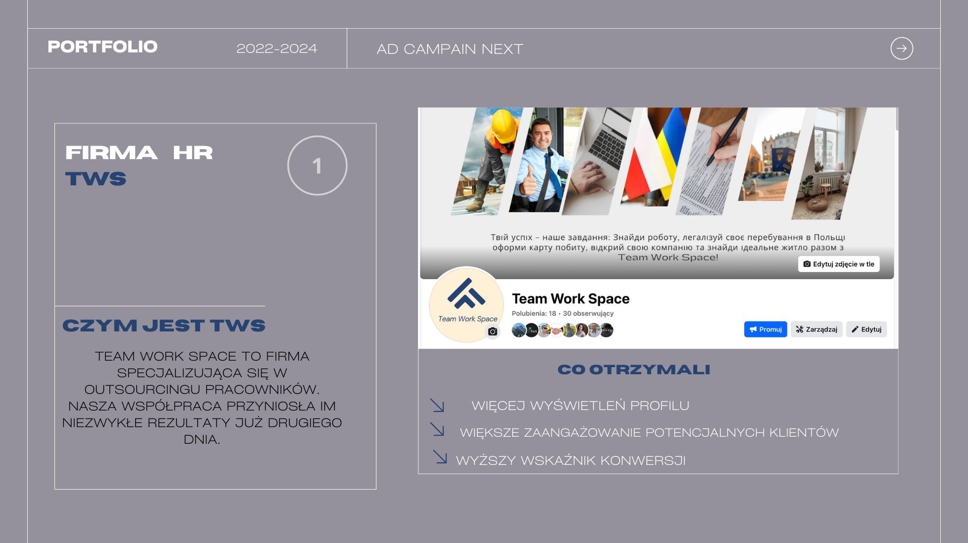 Prezentacja portfolio firmy HR TWS z informacjami o specjalizacji w outsourcingu pracowników, korzyściach ze współpracy i statystykami profilu Team Work Space na tle kolażu zdjęć z zakresu pracy...