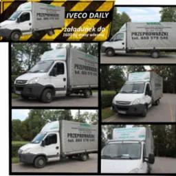 Kolaż zdjęć białego busa Iveco Daily z plandeką, z napisem 'Przeprowadzki' i numerem telefonu, na tle zieleni i z żółto-czarnym pasem ostrzegawczym u góry.