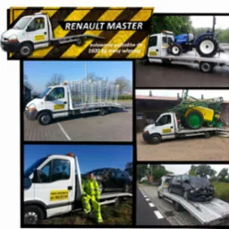 Kolaż zdjęć lawety Renault Master z różnymi ładunkami: uszkodzone auto, ciągnik rolniczy, konstrukcja stalowa. Na jednym zdjęciu operator lawety w żółtym kombinezonie.