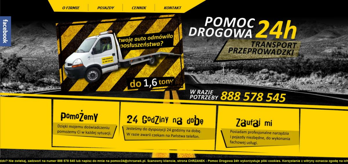 Żółto-czarna grafika reklamowa z lawetą na tle górskiej drogi. Oferta pomocy drogowej 24h i transportu do 1,6 tony. Numer telefonu na czarnym pasku.