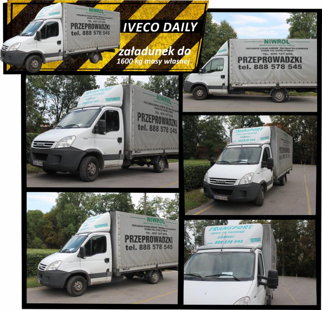 Kolaż zdjęć białego busa Iveco Daily z plandeką, z napisem 'Przeprowadzki' i numerem telefonu, na tle zieleni i z żółto-czarnym pasem ostrzegawczym u góry.