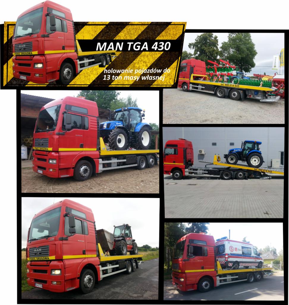Laweta MAN TGA 430 z różnymi pojazdami: ciągnik rolniczy, koparka, ambulans. Holowanie pojazdów do 13 ton. Pomoc drogowa.
