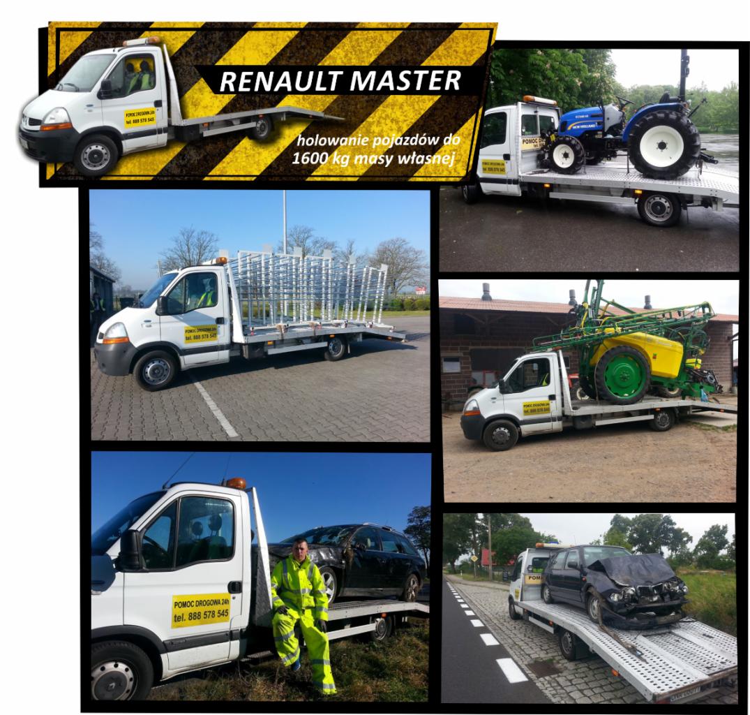 Kolaż zdjęć lawety Renault Master z różnymi ładunkami: uszkodzone auto, ciągnik rolniczy, konstrukcja stalowa. Na jednym zdjęciu operator lawety w żółtym kombinezonie.