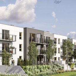 Centrumbud Sp z oo - Wizualizacja nowoczesnego apartamentowca z balkonami, otoczonego zielenią i z widocznymi postaciami ludzi na zewnątrz. Minimalistyczna architektura, jasne kolory.