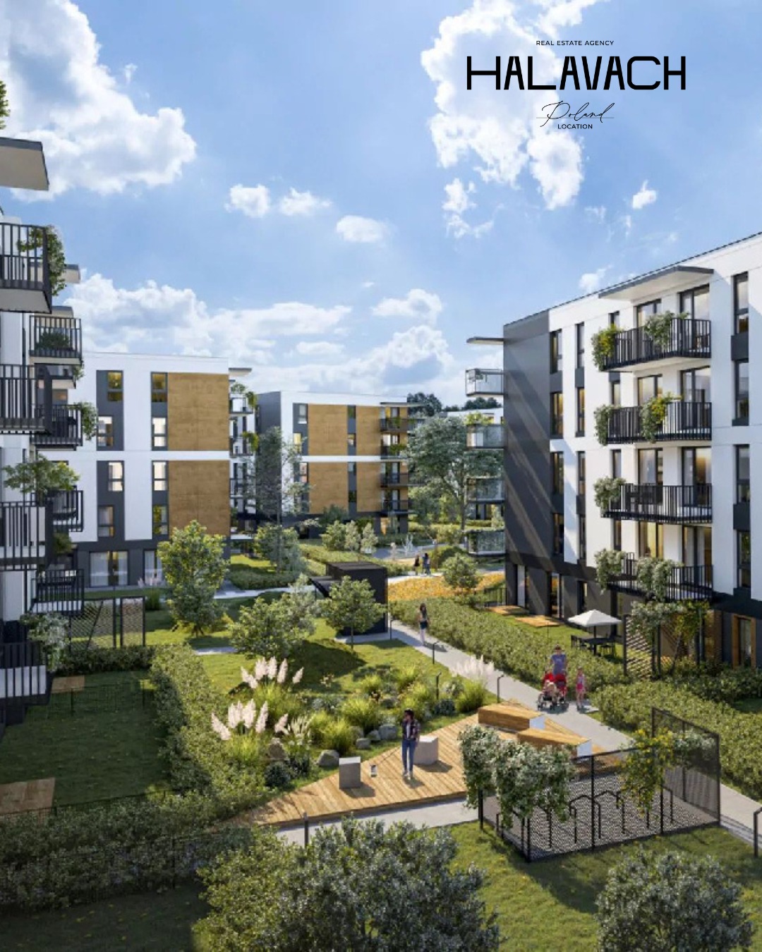 Wizualizacja osiedla z nowoczesnymi budynkami, zielonym dziedzińcem i elementami małej architektury. Logo agencji nieruchomości w górnej części kadru.