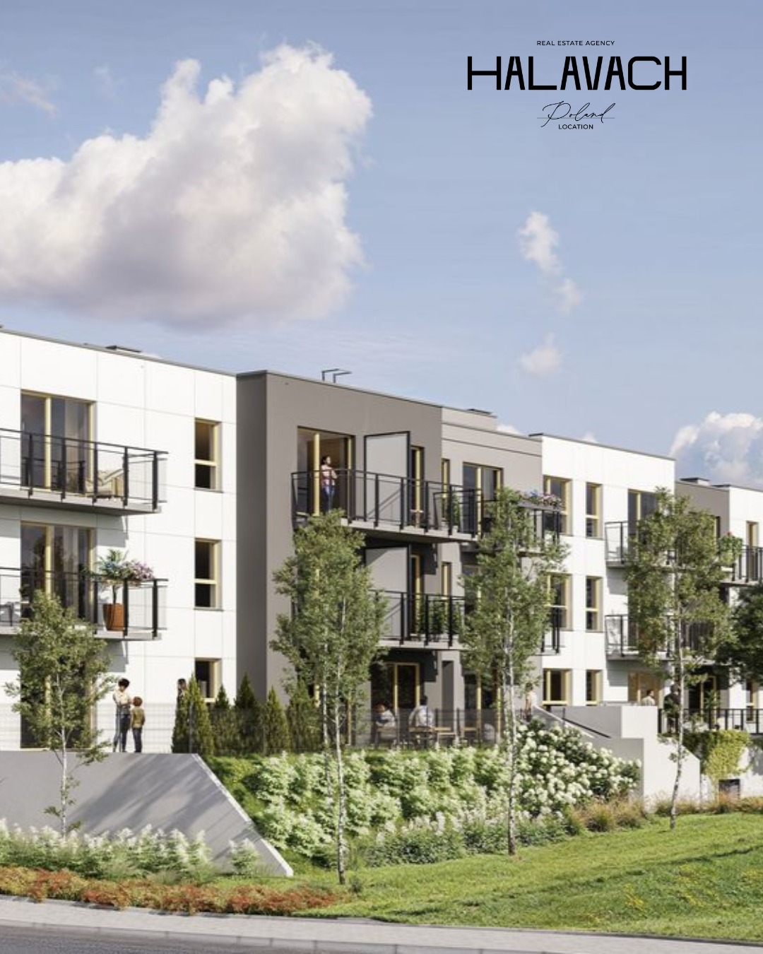 Wizualizacja nowoczesnego apartamentowca z balkonami, otoczonego zielenią i z widocznymi postaciami ludzi na zewnątrz. Minimalistyczna architektura, jasne kolory.