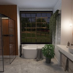 Art Tabor Design Marta Tabor - Nowoczesna łazienka z dużą kabiną prysznicową typu walk-in, wolnostojącą wanną pod oknem z widokiem na ogród, umywalką nablatową i drewnianymi panelami dekoracyjnymi na ścianie.