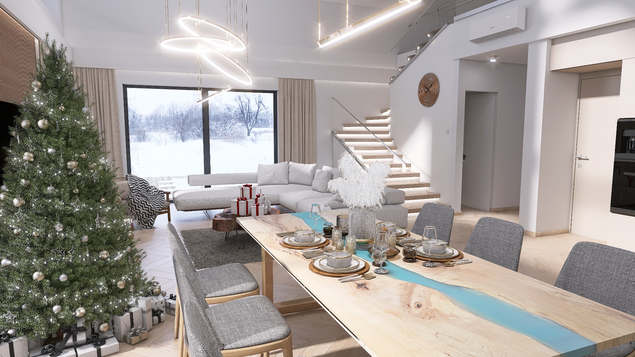 Świątecznie udekorowane wnętrze domu z choinką, stołem z żywicą epoksydową i widokiem na zimowy krajobraz za oknem.