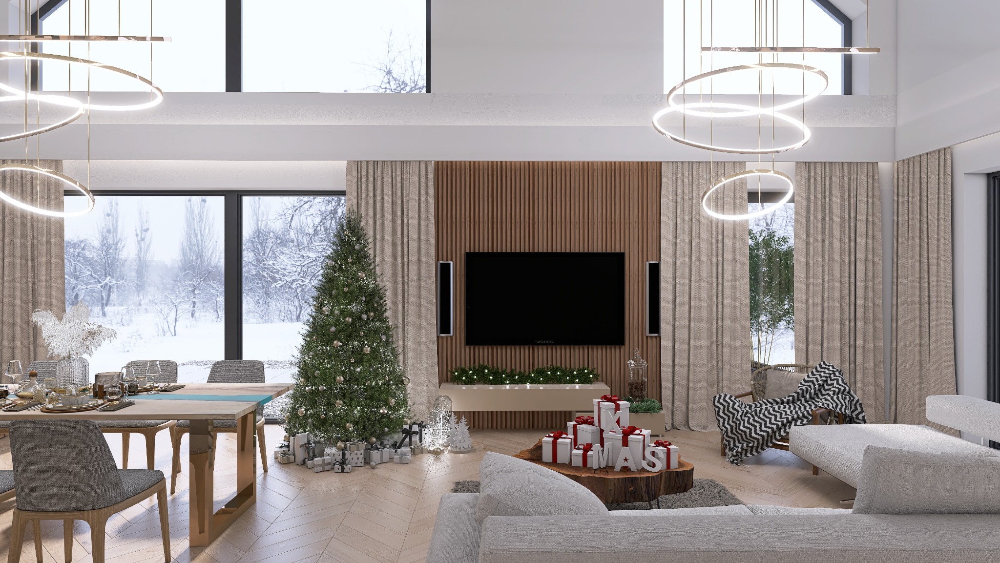 Wnętrze salonu w stylu nowoczesnym z dużym oknem z widokiem na zaśnieżony krajobraz, udekorowane na święta Bożego Narodzenia, z choinką, prezentami i nakrytym stołem.