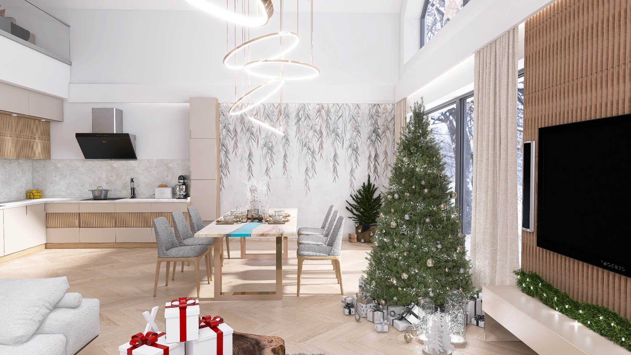 Jasne, przestronne wnętrze z kuchnią, jadalnią i salonem w okresie świątecznym, z choinką i prezentami, oświetlone nowoczesnymi lampami wiszącymi.