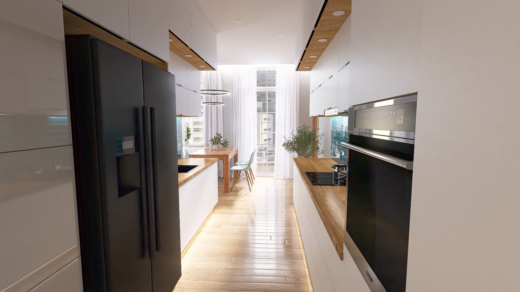 Wąska, nowoczesna kuchnia z białymi szafkami, drewnianymi blatami i podłogą, czarną lodówką z dozownikiem wody, piekarnikiem w zabudowie i widokiem na stół z krzesłami przy oknie.