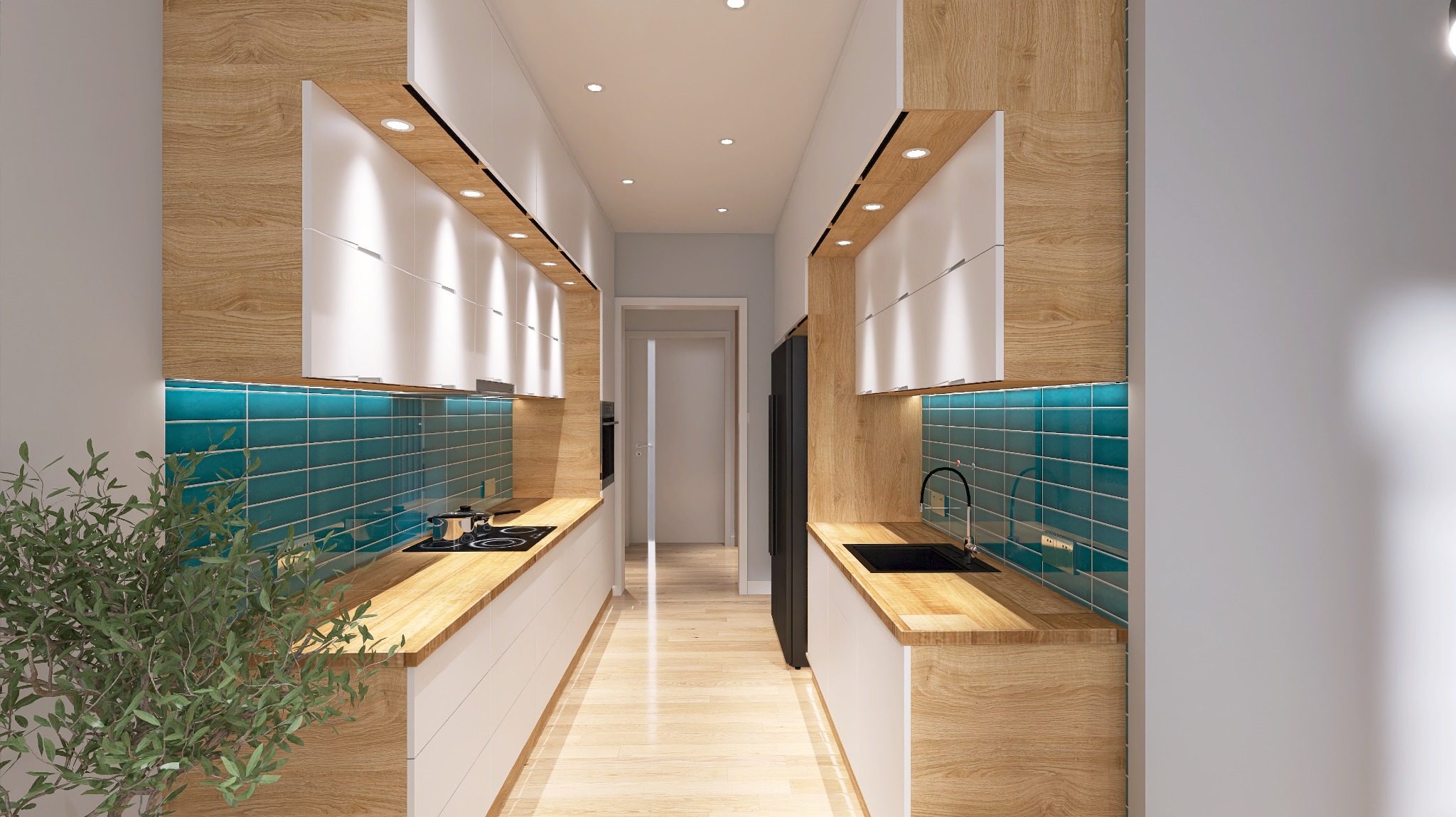 Wąska kuchnia w stylu nowoczesnym z białymi szafkami, drewnianymi blatami i turkusowymi płytkami na ścianie, oświetlona punktowymi lampami sufitowymi i z rośliną w doniczce w rogu.