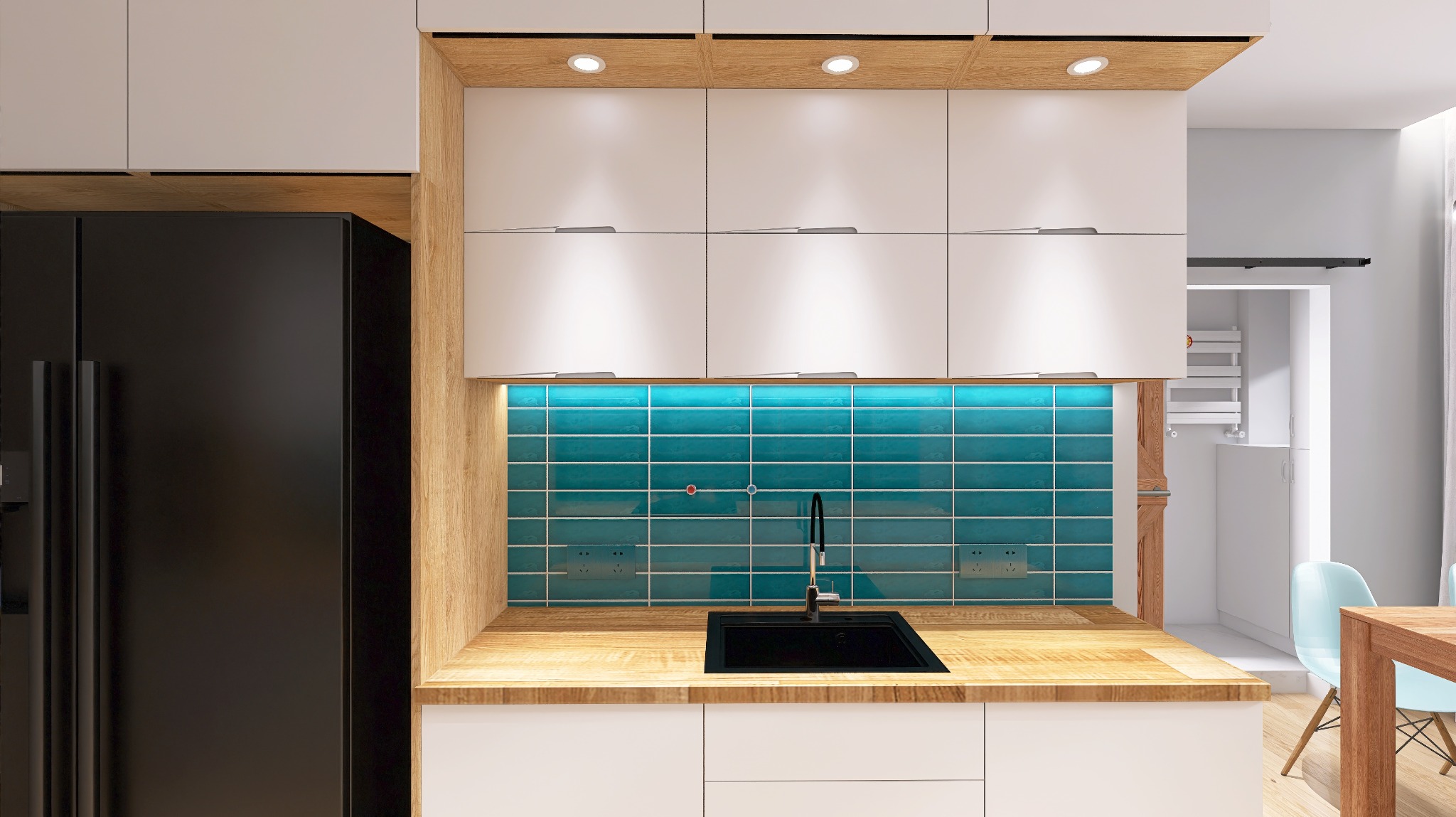 Nowoczesna kuchnia z białymi szafkami, drewnianym blatem i turkusowymi płytkami, czarny zlew i lodówka, oświetlenie podszafkowe LED.