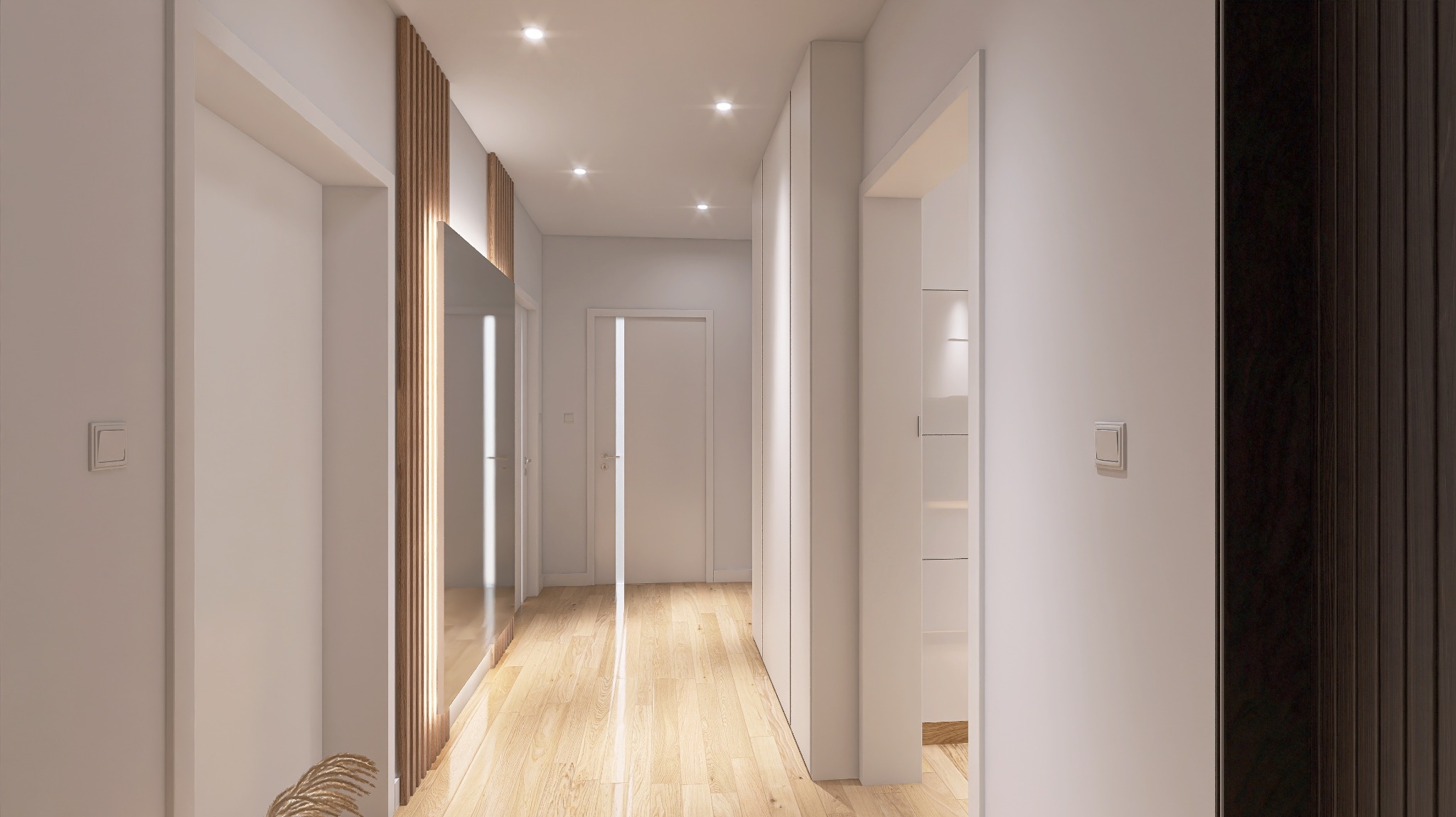 Nowoczesny przedpokój w jasnych barwach z drewnianą podłogą, lustrem w drewnianej ramie i minimalistycznym oświetleniem sufitowym.