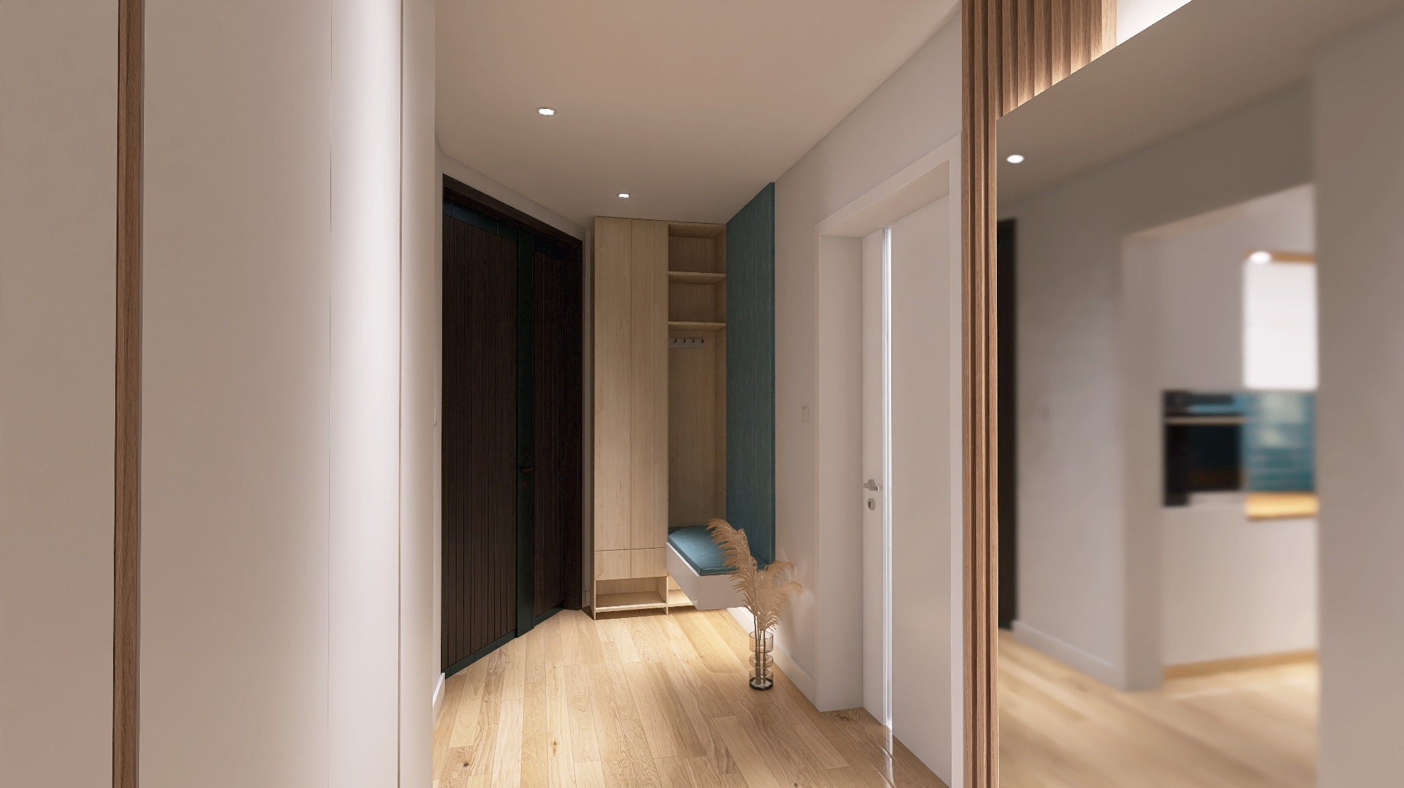 Nowoczesny przedpokój z zabudową meblową: szafa z ciemnego drewna, siedzisko z turkusową poduszką i wazon z suszonymi trawami, odbicie kuchni w lustrze.