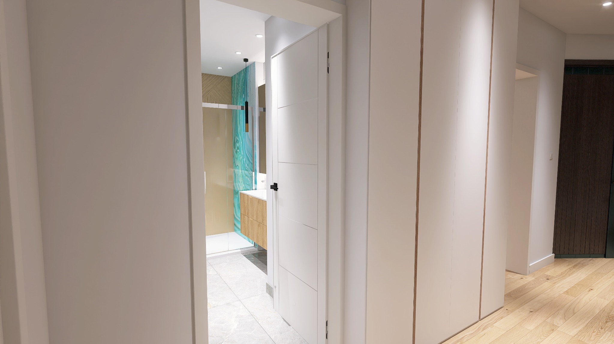 Widok na łazienkę z kabiną prysznicową z elementami dekoracyjnymi w odcieniach turkusu, umywalką na drewnianej szafce i białymi płytkami podłogowymi, widzianą z korytarza z białą zabudową szaf.