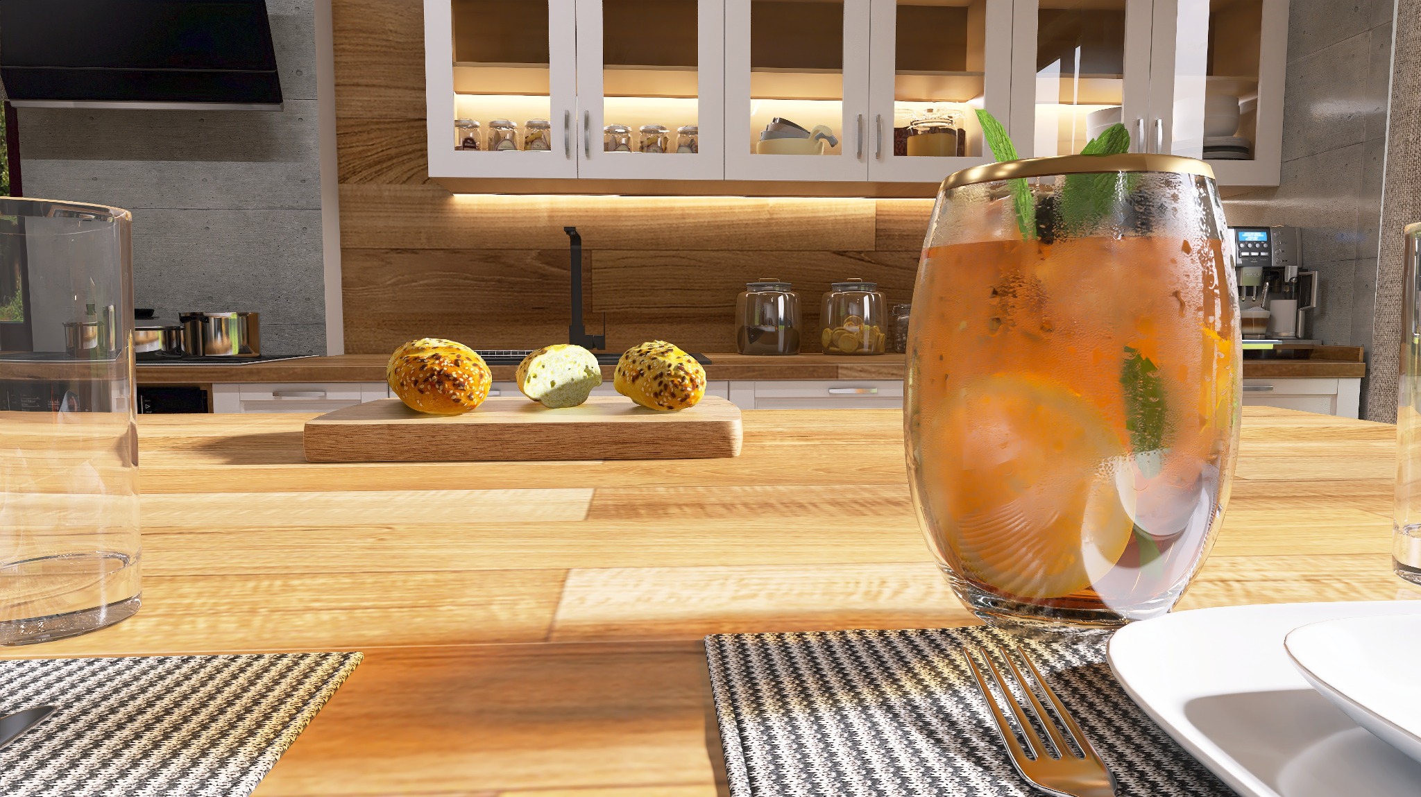 Nowoczesna kuchnia z drewnianymi akcentami, nakryty stół z napojem pomarańczowym w szklance z miętą i plasterkiem cytryny, trzy przekąski na desce do krojenia.
