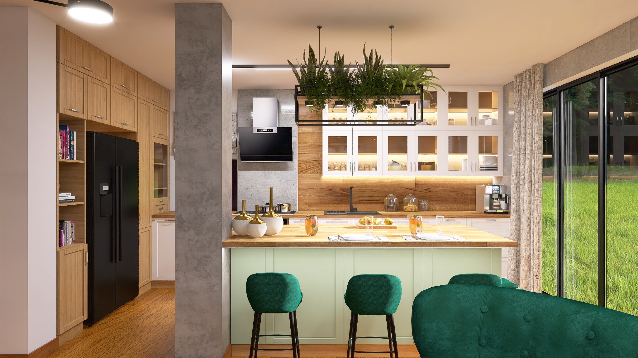 Nowoczesna kuchnia z wyspą, zielonymi hokerami i wiszącymi roślinami, oświetlona ciepłym światłem, z widokiem na ogród przez duże okno.