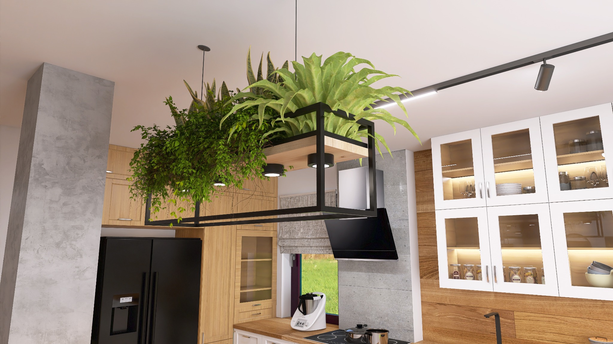 Nowoczesna kuchnia w Orzeszu z wiszącą konstrukcją z roślinami, oświetleniem punktowym i drewnianymi szafkami, minimalistyczny design z elementami natury.