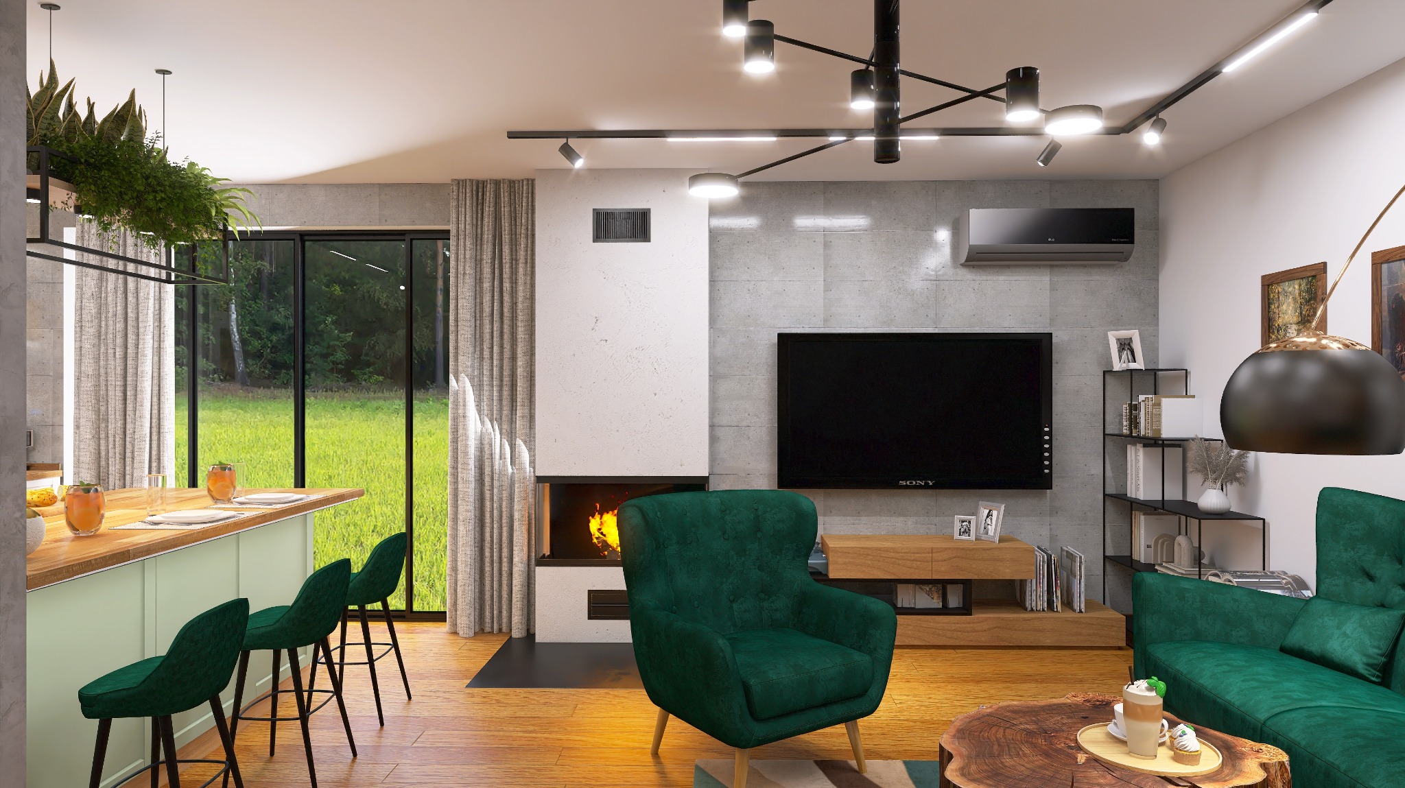Wizualizacja salonu z aneksem kuchennym w stylu nowoczesnym, z zielonymi akcentami w postaci welurowych krzeseł barowych i fotela, kominek w zabudowie, drewniany stolik kawowy z napojami, widok...