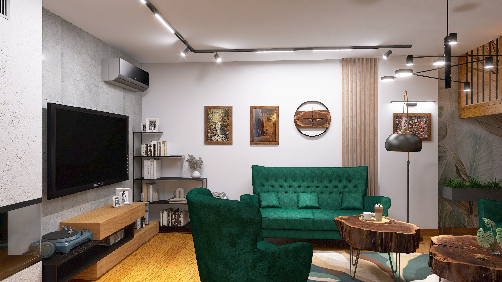 Salon w stylu eklektycznym: zielona sofa Chesterfield, fotel z wysokim oparciem, stoliki kawowe z plastrów drewna, betonowa ściana z telewizorem i klimatyzacją, oświetlenie punktowe i dekoracje...