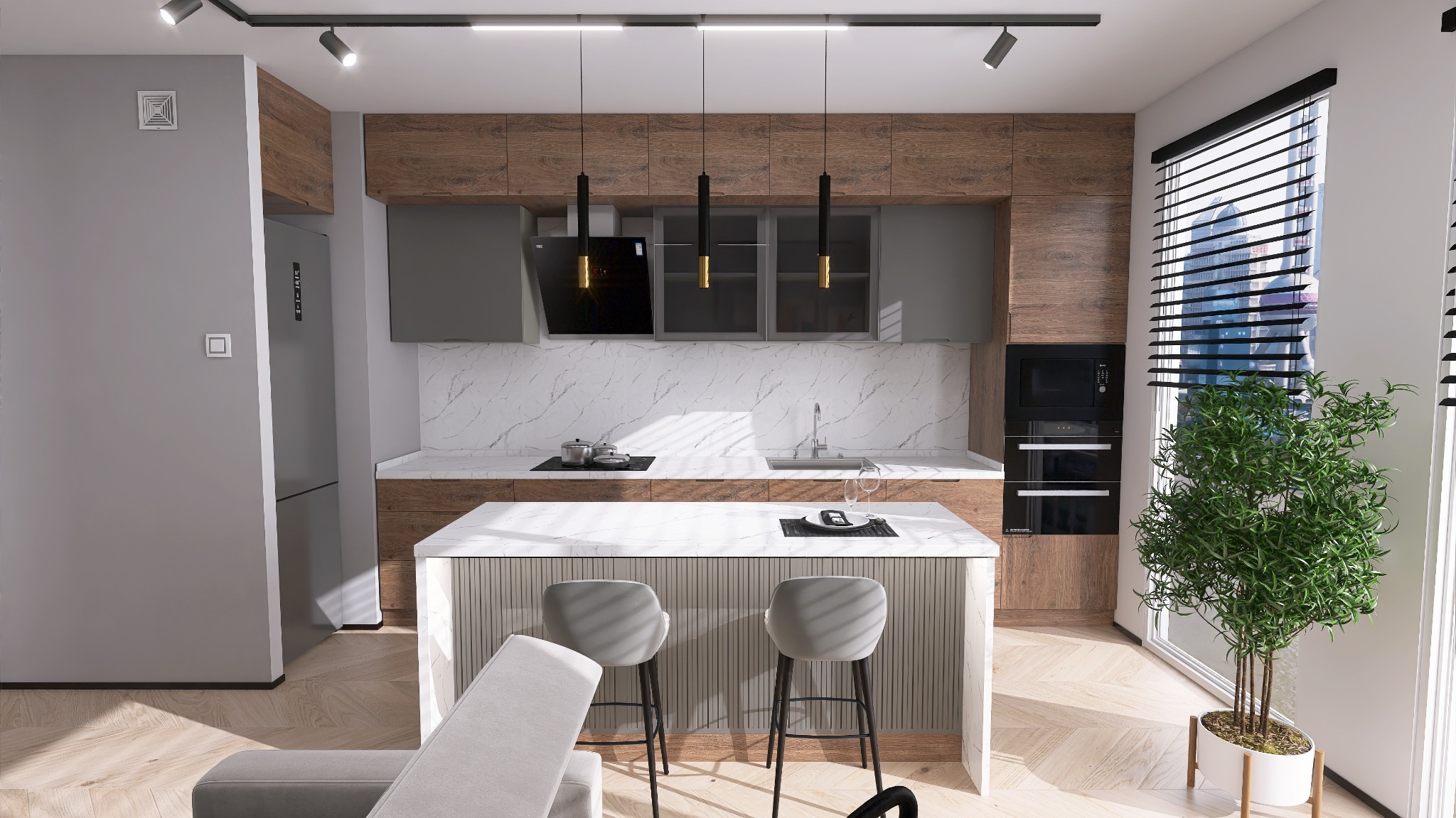 Nowoczesna kuchnia z wyspą, marmurowym blatem i drewnianymi szafkami, oświetlona wiszącymi lampami, z widokiem na miasto przez okno z żaluzjami.