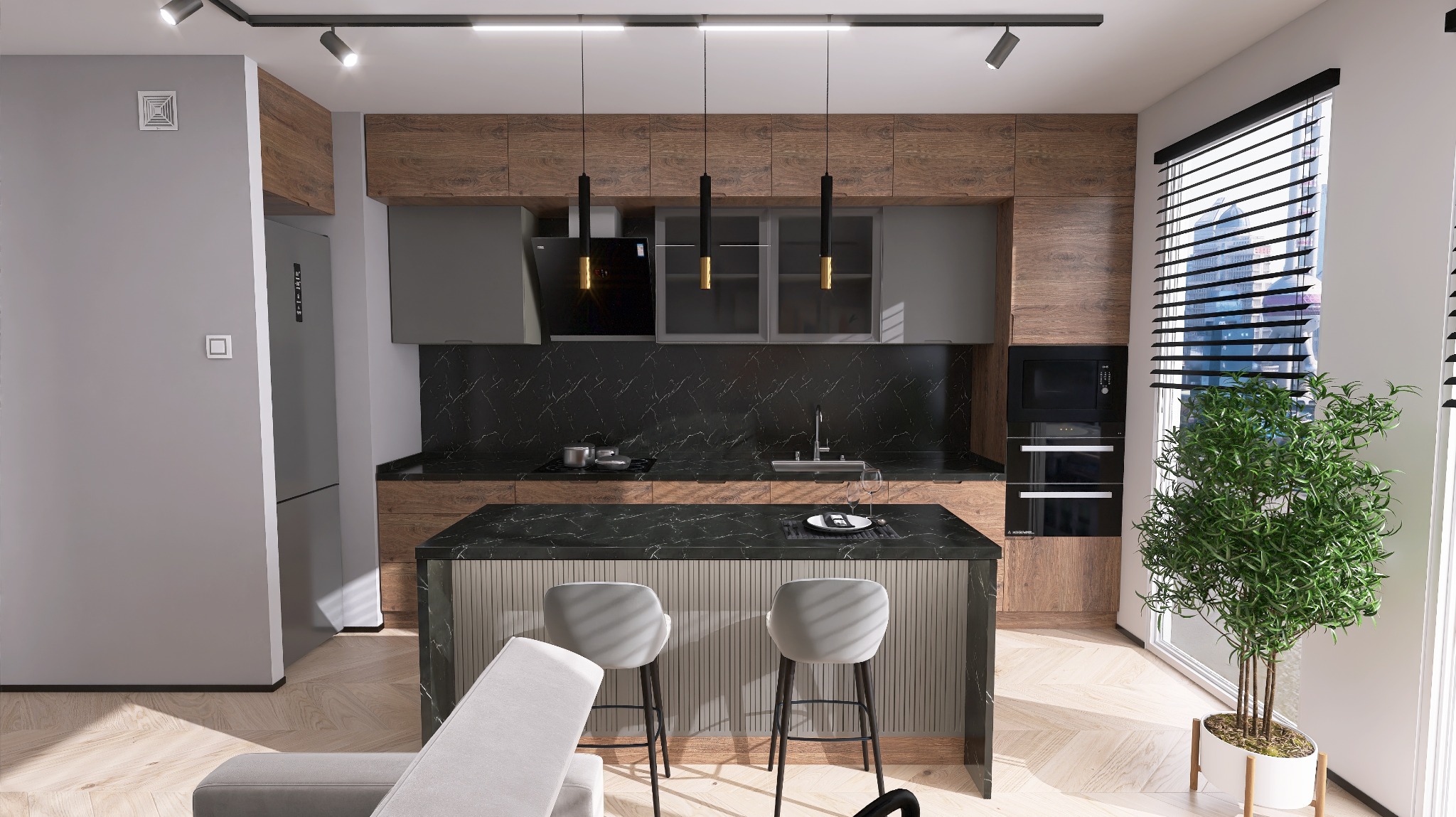 Nowoczesna kuchnia z wyspą, czarnym marmurem na blacie i ścianie, drewnianymi szafkami i szarymi frontami, oświetlona trzema wiszącymi lampami, z widokiem na miasto za oknem.