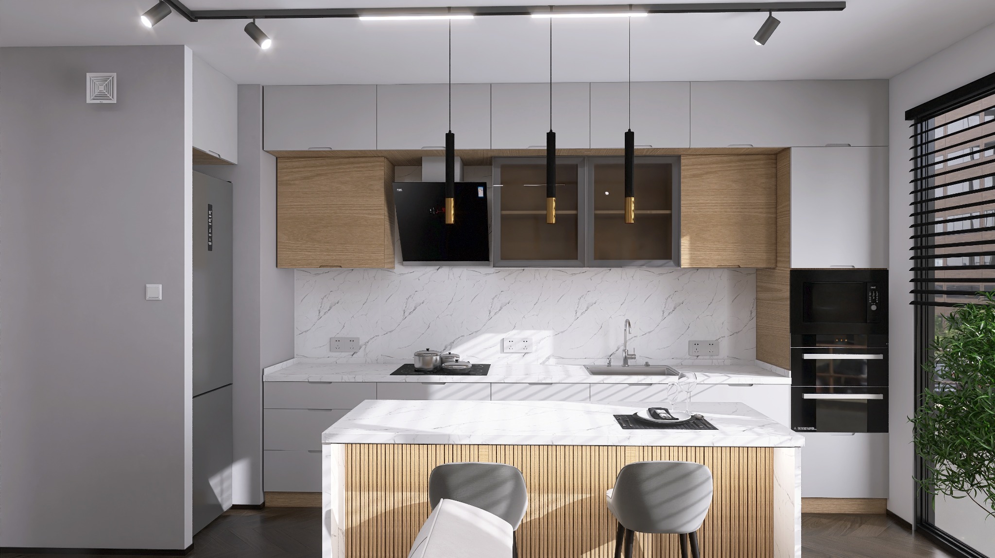 Nowoczesna kuchnia w odcieniach szarości i drewna, z wyspą, marmurowym blatem i trzema wiszącymi lampami nad wyspą