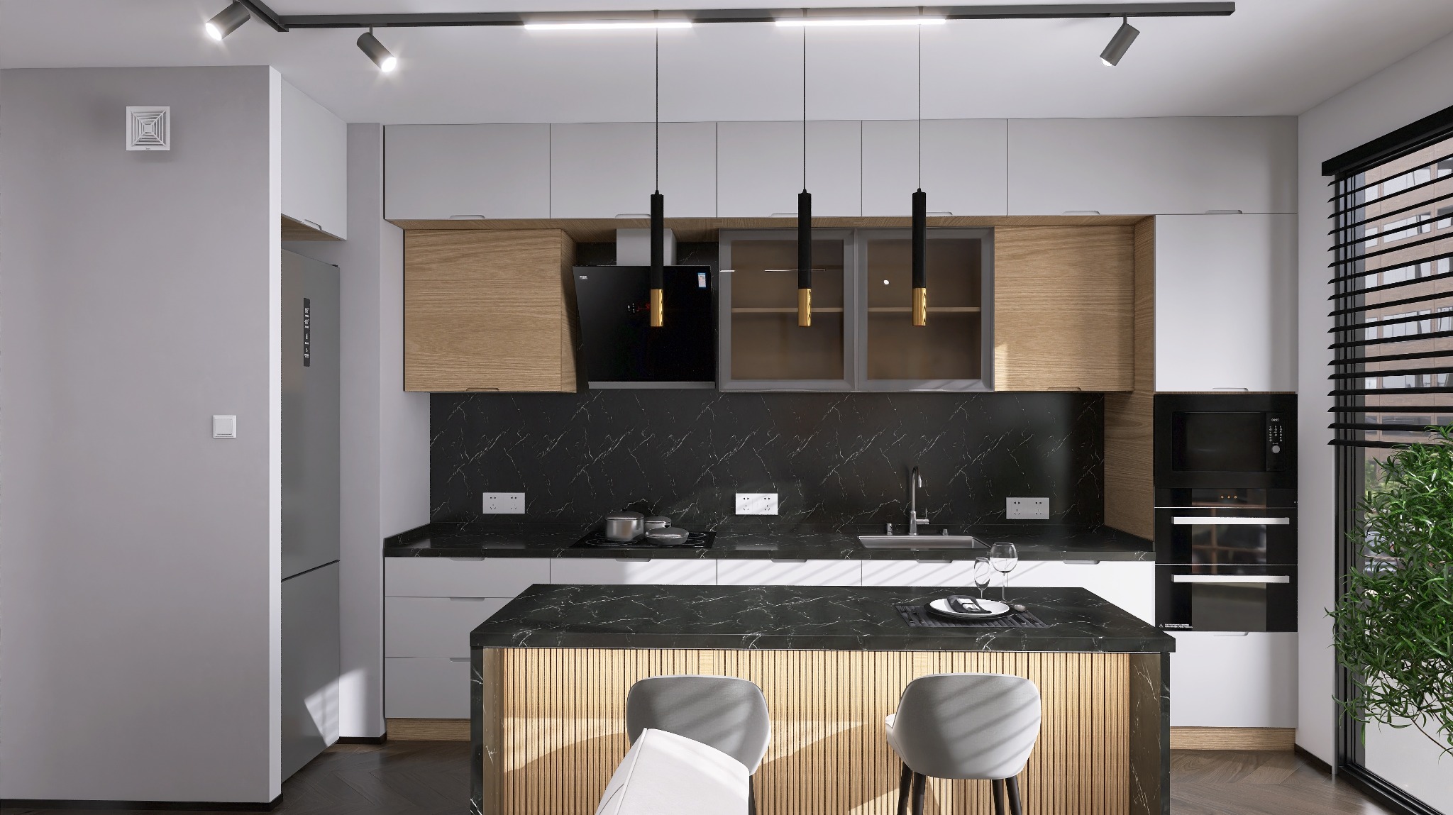 Nowoczesna kuchnia z wyspą, czarnym blatem imitującym marmur, drewnianymi akcentami i oświetleniem punktowym.