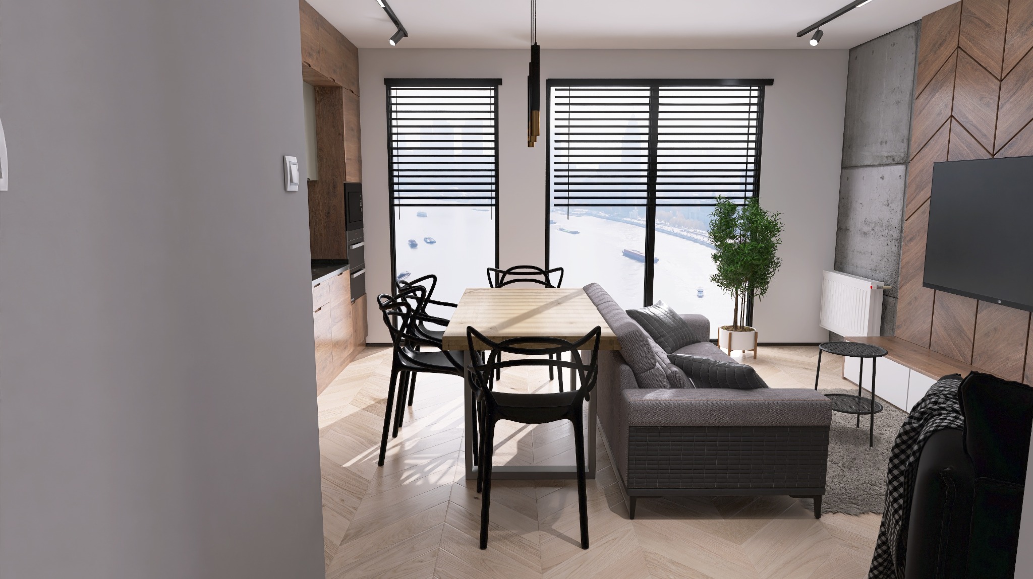 Wnętrze mieszkania z drewnianą podłogą w jodełkę, stołem z czarnymi krzesłami, szarą sofą i ścianą z drewnianymi panelami w jodełkę oraz betonem.