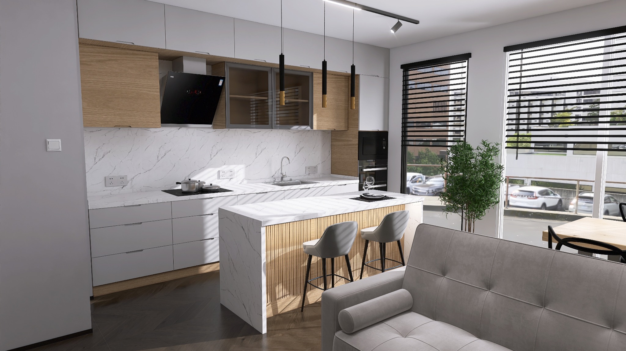 Nowoczesna kuchnia z wyspą wykończoną marmurem i drewnianymi lamelami, szare hokery, białe szafki i drewniane akcenty, widok z salonu z szarą sofą.