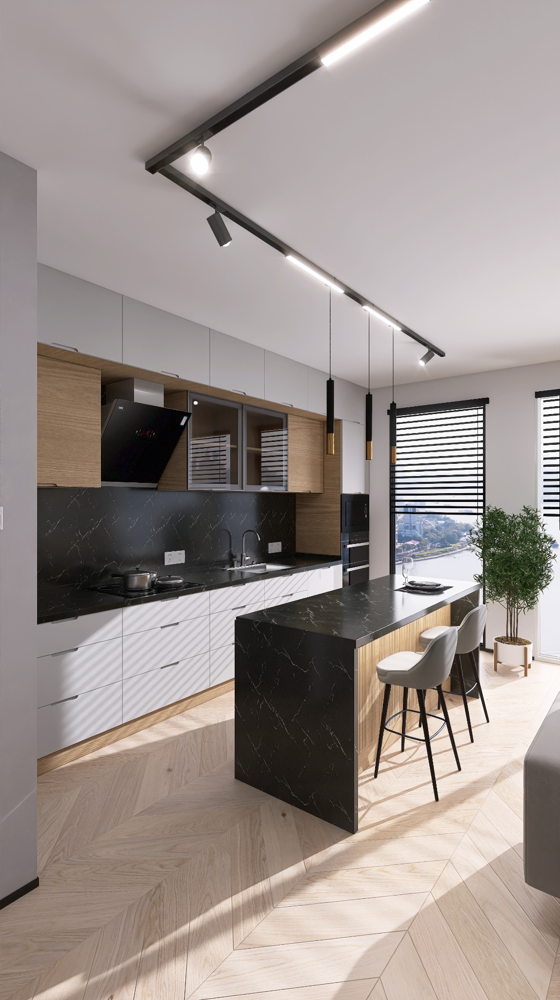 Nowoczesna kuchnia z wyspą o czarnym marmurkowym blacie, drewnianymi i białymi szafkami, oświetleniem szynowym i podłogą w jodełkę.