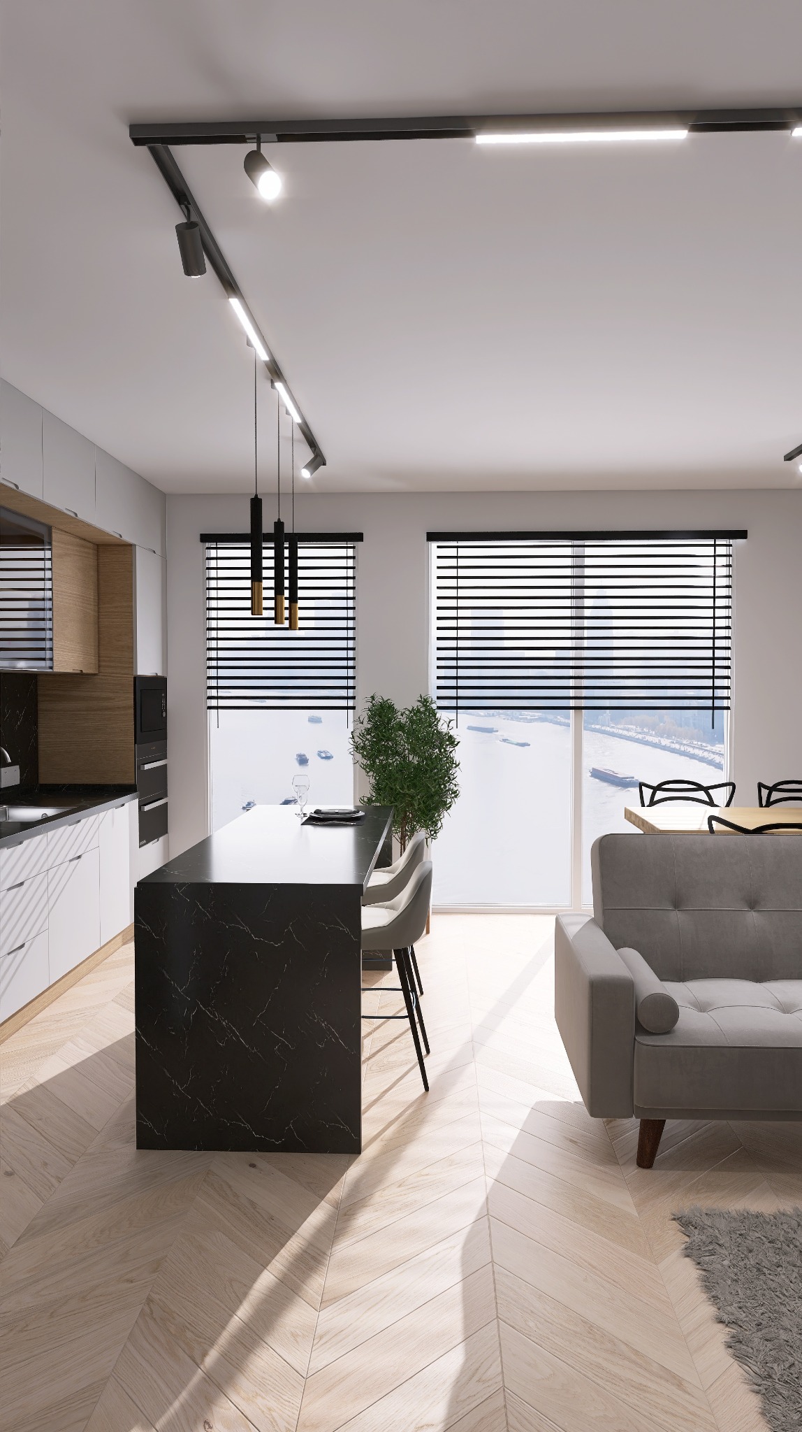 Nowoczesna aranżacja wnętrza: kuchnia z wyspą z czarnego marmuru, szare krzesła barowe, parkiet w jodełkę, szara sofa i widok na morze przez okna z żaluzjami.