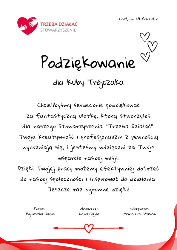 Podziękowanie za stworzenie projektu - zarząd organizacji trzebadziałać.pl