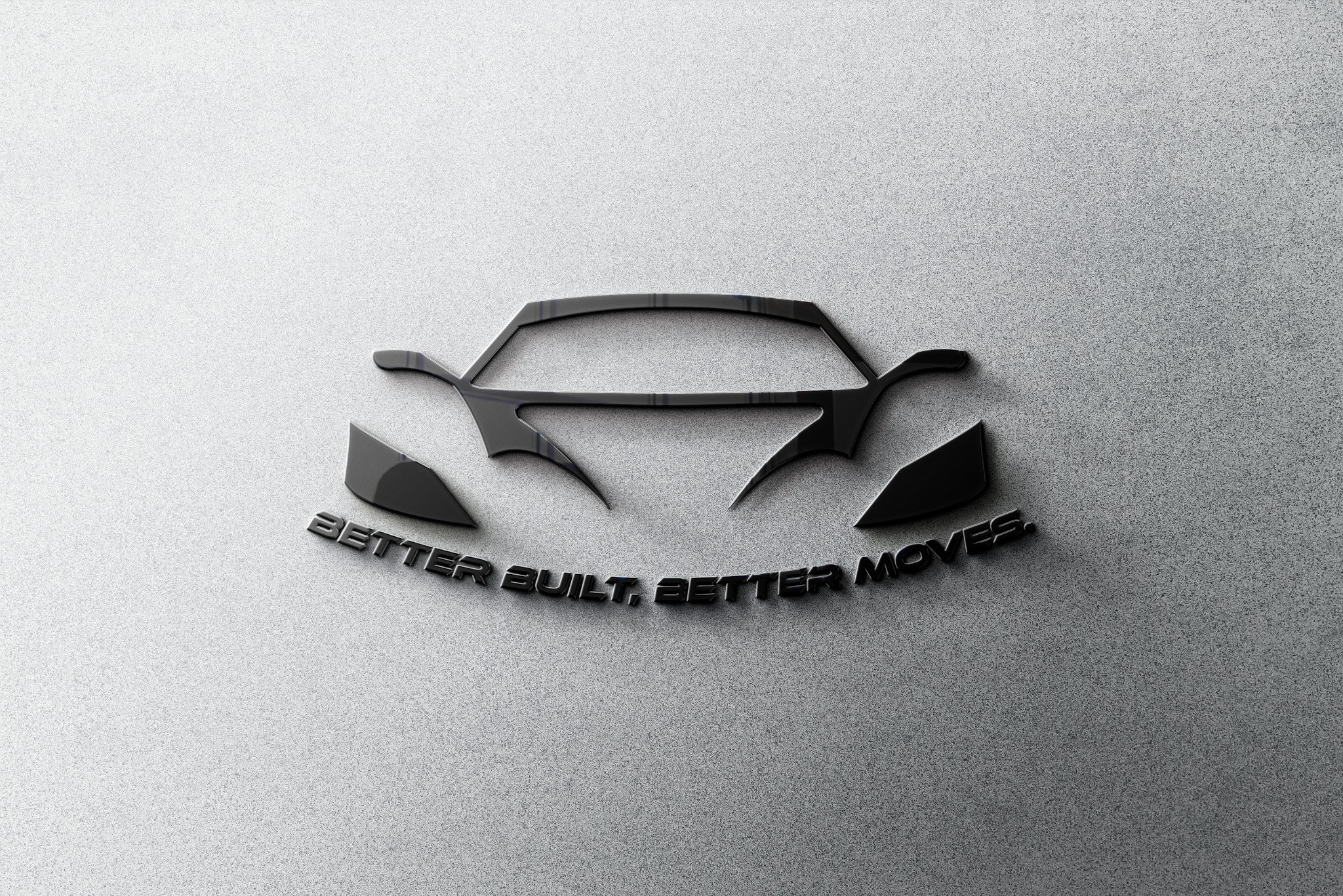 Czarny, błyszczący logotyp w kształcie zarysu sportowego samochodu z napisem 'Better Built, Better Moves' na teksturowanym, srebrnym tle.