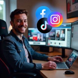 Prowadzenie Social Media Katowice Obsługa Facebook Instagram Fanpage Firmowego Ruda Śląska Gliwice Bytom Zabrze Chorzów Cennik Cena - Uśmiechnięty mężczyzna pracuje na laptopie, w tle monitory i ikony Facebooka, Instagrama i TikToka. Aranżacja sugeruje obsługę mediów społecznościowych.
